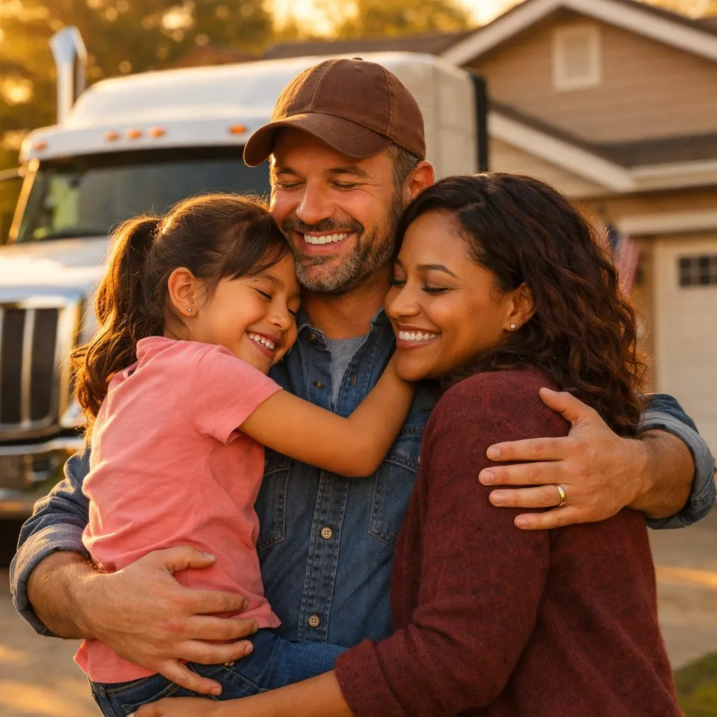 Trucker dad hugging his wife and daughter beside his truck — protected by American Trucker Benefits life insurance
